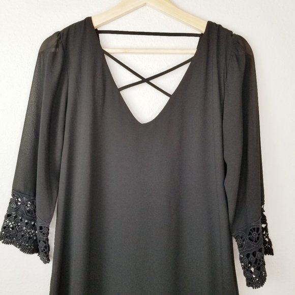 Want and Need Crochet Sleeve Shift Dress Black - Picture 2 of 14